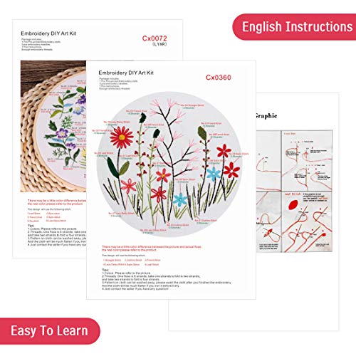 2 Pack Embroidery Starter Kit, Cross Stitch Kit Embroidery Kit for Beginners with Plants Flowers Pattern, Plastic Embroidery Hoops, Color Threads and Tools Kit