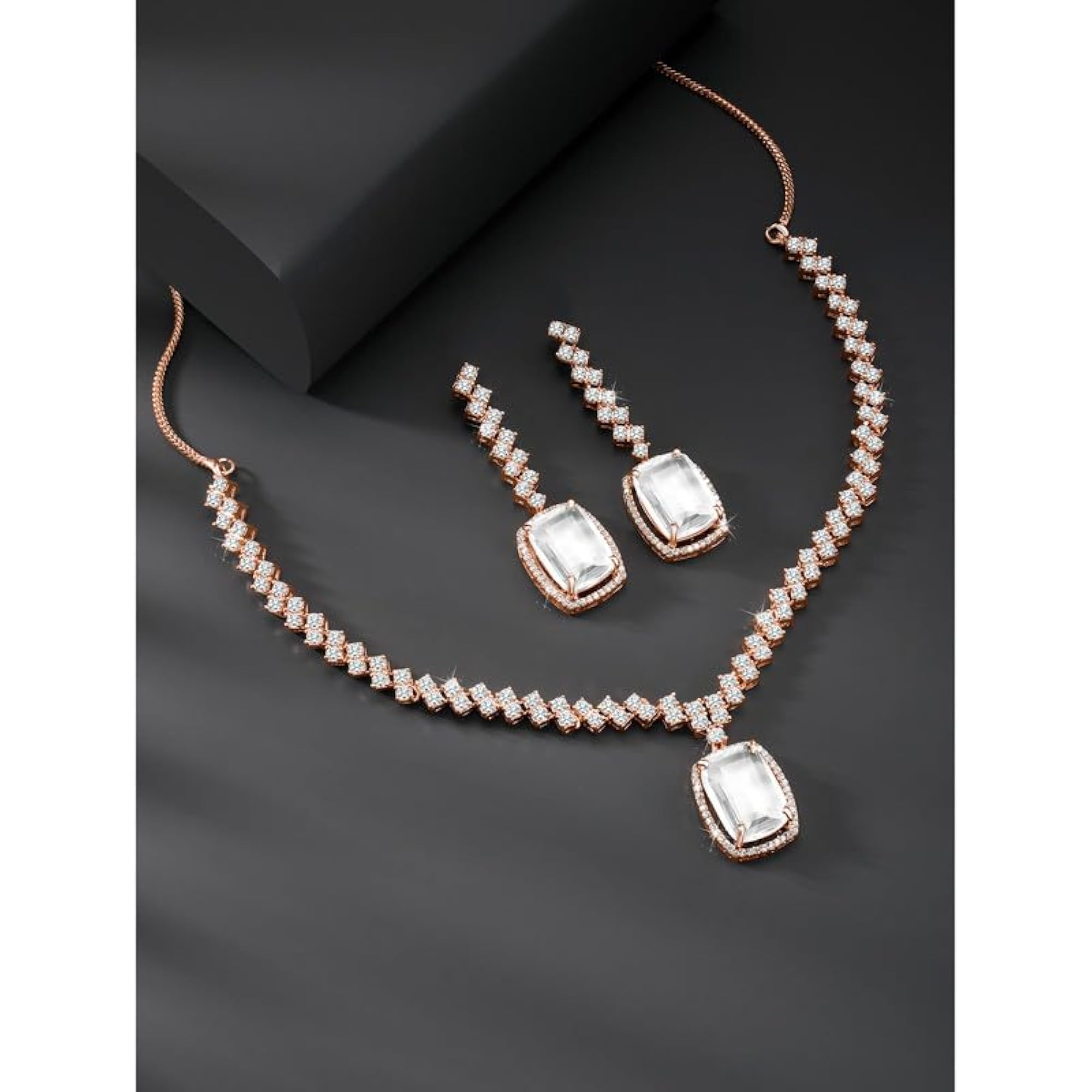 Plated Cubic Zirconia & Crystal Necklace & Drop Earring Set