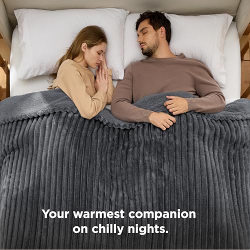 Image of Bedsure Electric Blanket Queen Size - Thick Striped Flannel Electric Blanket with Dual Control, Heating with 10 Heat Settings & 10 Time Settings, 8 hrs Timer Auto Shut Off (84x90 inches, Grey)