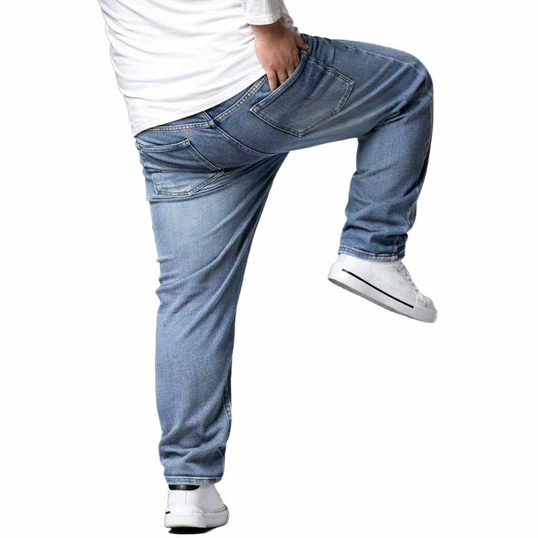 Herren Jeans Übergröße Denim Lange Jeanshose Loose Fit Straight Lässige Denim Hose Stonewashed NZK01