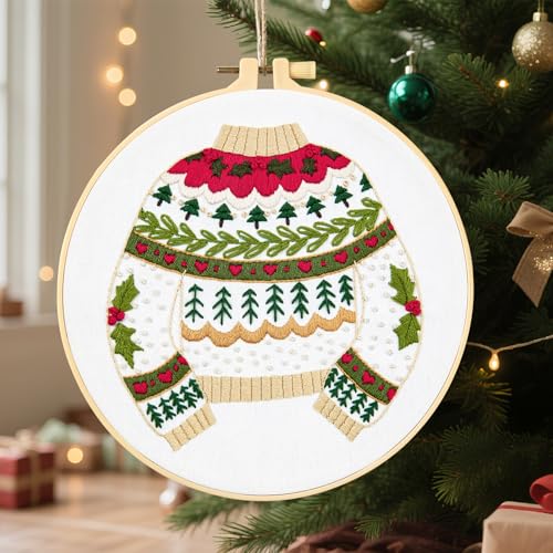 Image of Crafmanoe Christmas Embroidery Kits for Beginners Embroidery Stitches Practice Kits for Adults, Christmas Cross Stitch Kits for Beginners Craft Kits, Embroidery Hoops, Fabric, Threads & Video Tutorial