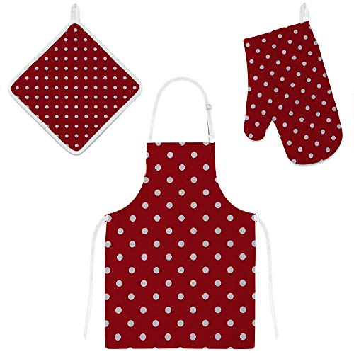Top Carpenter Polyester Kitchen Oven Mitts Glove Potholder Apron 3Pcs Set White Polka Dot On Dark Red Non Slip Heat Resistant Mitts For Baking Cooking Bbq #TOP25
