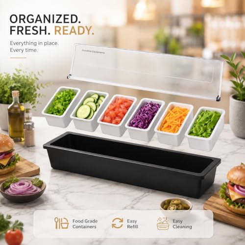 Image of Commercial Food Condiment Dispenser - 6 GN Pan Salad Bar Station with Transparent Lid | Topping & Sauce Organizer for Restaurants, Cafes & Catering | Garnish Box