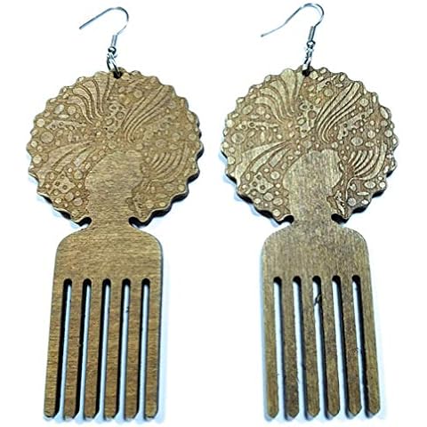 Teri's Boutique Afrocentric African Afro Pick Comb Style Women Hair Wood Natural Color Drop Dangle Earrings (Brown) Cover