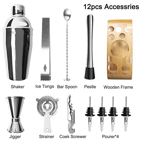 Barware con soporte de madera noble y juego de herramientas de acero inoxidable de 12 piezas 7