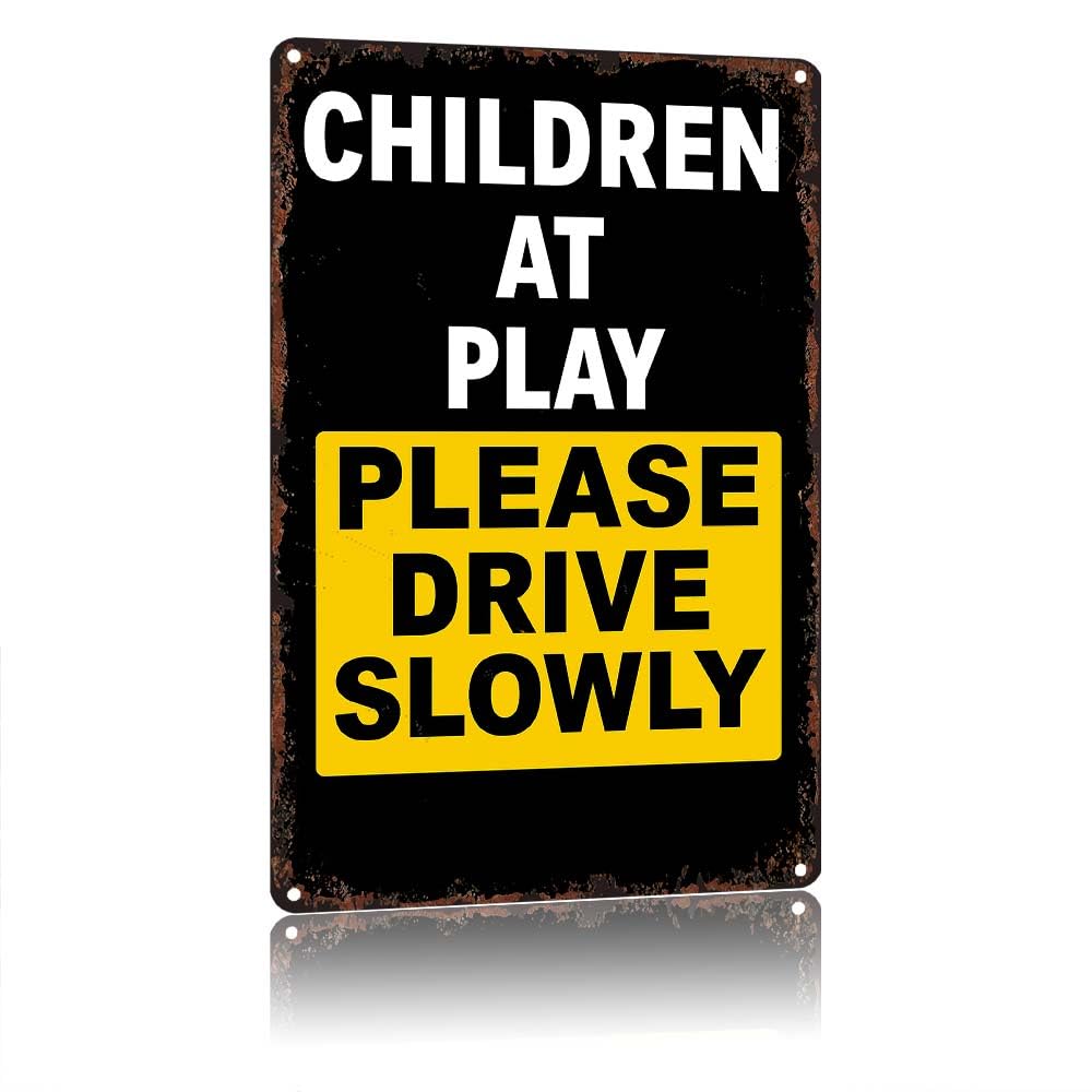 peiyeety Children At Play Please Drive Slowly Warning Sign, 12X8in Vintage Aluminum Metal Tin Sign, For Outdoor Street Neighborhood Driveway Garden Garage Wall Decor