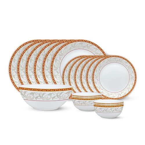 Image of Larah by Borosil Ragina Kohinoor Series Opalware Dinner Set | 19 Pcs for Family of 6 | Microwave & Dishwasher Safe | Bone-Ash Free | Crockery Set for Dining & Gifting | Plates & Bowls | White
