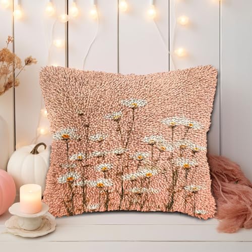 Image of DIY Latch Hook Pillow Kits for Adults Little Wild Daisy Flowers Printed Pillowcase Crochet Yarns Hooking Handmade Pillow Cover Cushion for Home Sofa Decoration 17x17inch-3