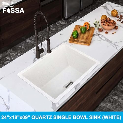 Image of Fossa 10-Year Warranty Pure Quartz Kitchen Sink 24 x 18 Inch | Single Bowl Granite Sink | Includes Waste Coupling, Waste Pipe & Strainer | Top Mount | White Matte Finish