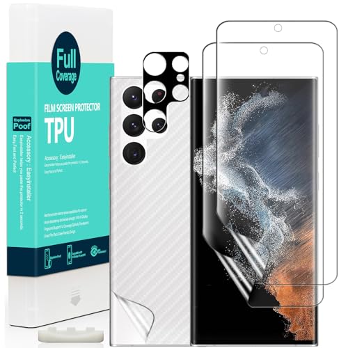 Ibywind 2 Piezas Protector de Pantalla para Samsung Galaxy S22 Ultra 5G,con Metálico Protector Camara,Atrás Pegatina Protectora Fibra de Carbono,[Admite la función de Huella Digital]