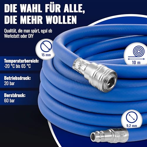 Poppstar Druckluftschlauch 10 m (Hybrid PVC mit Gewebe, Innendurchmesser 9,2mm mit Schnellkupplung & Kupplungsstecker) bis 20 bar, blau