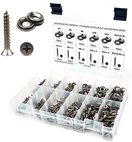 Stainless Steel Phillips Flat Head Sheet Metal Screw Kit with Countersunk Finishing Cup Washers - 601 Pieces