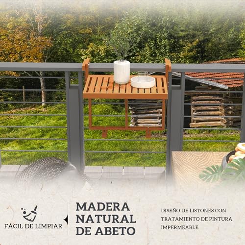 Outsunny Mesa Colgante de Balcón Mesa para Balcón Plegable de Madera con Altura Ajustable en 4 Niveles Carga 20 kg para Terraza 68x65x40,5-55 cm Madera Natural - imagen 5