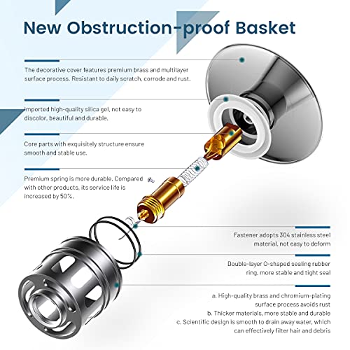 Image of Bathroom Sink Drain, Vessel Sink Pop Up Drain With Detachable Basket Stopper,Anti-Explosion And Anti-Clogging Drain Strainer, Sink Drain Assembly Without Overflow Polished Chrome, REGALMIX RWF082A