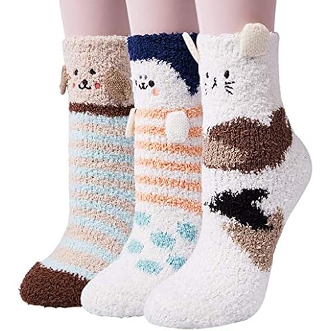 3 Pairs Womens Soft Fluffy Slipper Socks Winter Warm Cute Animal Ladies Socks Cover