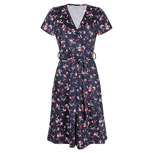 Knielang Kleider Boho Blumenmuster High Waist Kleider A-Linie Minikleid Frauen Kleider Sommer Elegant Lang Kleider Casual Lose Kleid Strandkleider Festkleid Cover