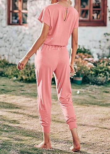 KIRUNDO Jumpsuits for Women Summer 2026 Casual Short Sleeve One Piece Outfits Drawstring Waist Long Pants Romper Jumpers(Light Pink, Small) — view 6