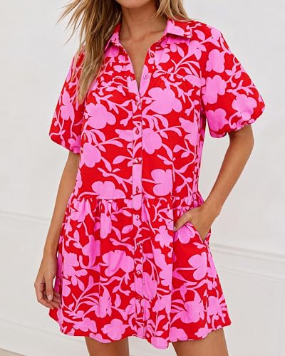 PRETTYGARDEN Womens Summer Dresses 2026 Casual Puff Sleeve Button Down Mini Shirt Dress Boho Floral Babydoll Sun Dress(Red Pink Flower,XX-Large) — view 6