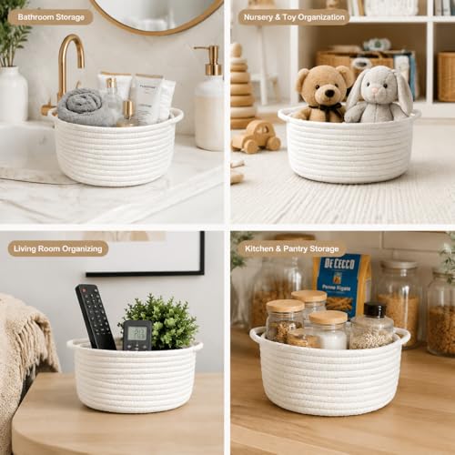 Image of Small Woven Basket with Handle, Small Cute White Storage Baskets for Organizing, Tiny Decorative Round Cotton Rope Woven Closet Storage Bin, Baby Boho Empty Gift Basket for Nursery
