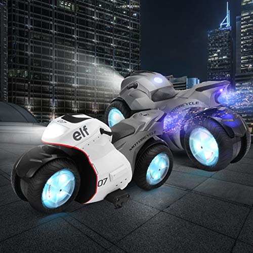 RC Motorcycle Toys, Kids Remote Control Motorcycle Double Sided Flips 360°Rotating Stunt Car for Boys, Gift for Kids/Brithday Gift (White) - Thumbnail 6