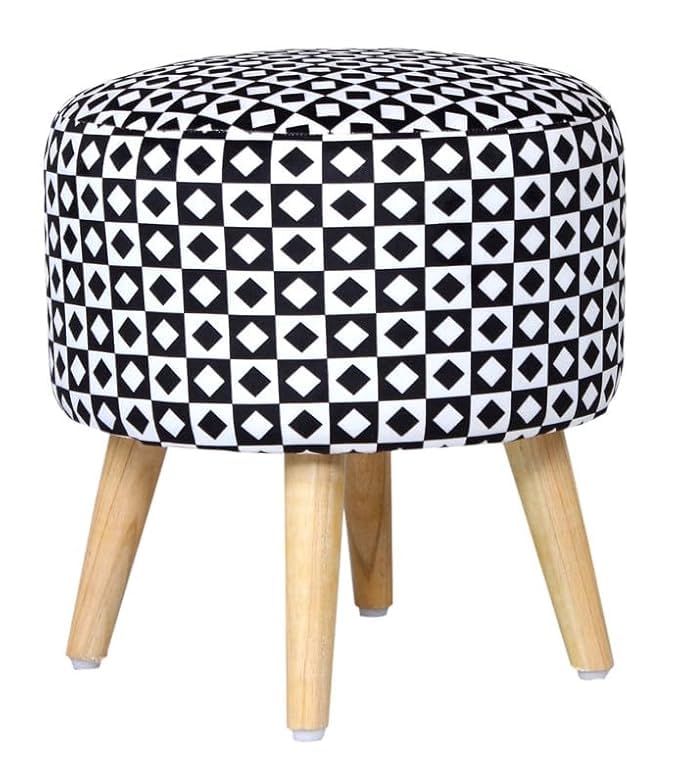 Image of Ottoman for Living Room, Velvet Round Foot Rest Stool, Wooden Legs Chair for Sitting, Ottoman for Bedroom & Makeup Room Decor | Chair (18 inchx18 inchx32 inch), Puffy (16 inchx16 inchx17 inch) | Black Diamond