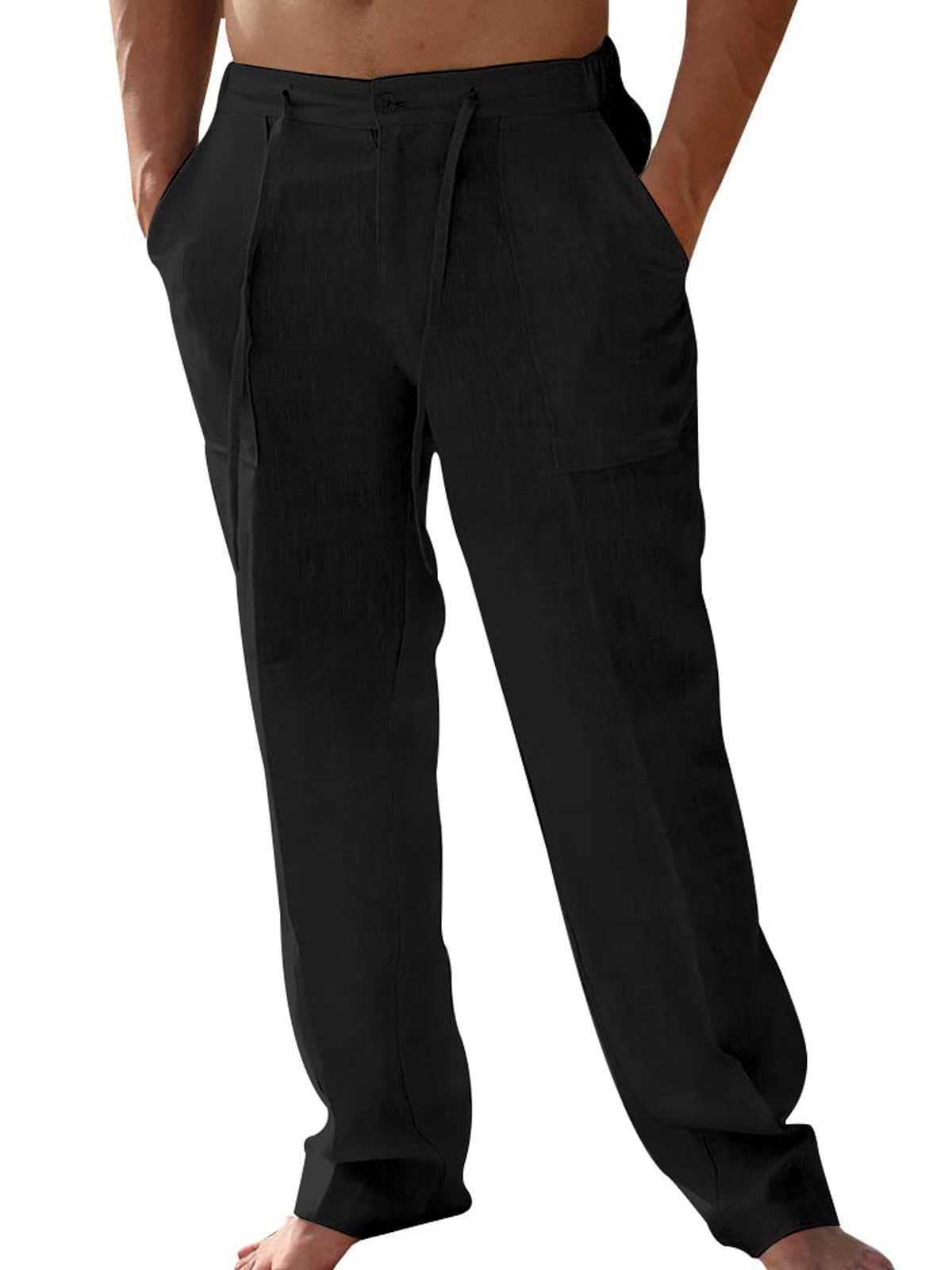 AKEFUN Mens Summer Casual Linen Pants Beach Elastic Drawstring Waistband Loose Fit Slacks with Pockets