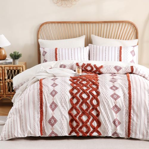 Image of MOVE OVER 100% Cotton Tufted Duvet Cover Set Queen 3 Pieces Burnt Orange Boho Chic Farmhouse Bedding Set with Zipper Closure and Ties Mid Century Modern Comforter Cover All Seasons