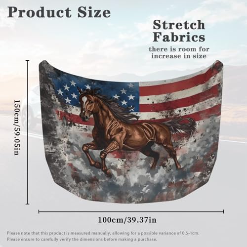 Image of Automotive Vehicle Hood Cover Flag Elastic Washable Horse and American Flag Print Vehicle Front Engine Hood Cover Wrap Car Accessories Compatible with Sedan SUV Trucks