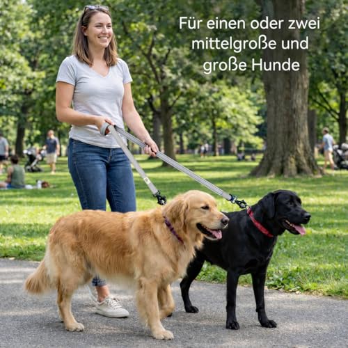 Lina Pet Hundeleine 3m x 2,5 cm, Reflektierend – Verstellbare Doppelleine aus Nylon mit Aluminium-Karabiner, Führleine für große und mittelgroße Hunde
