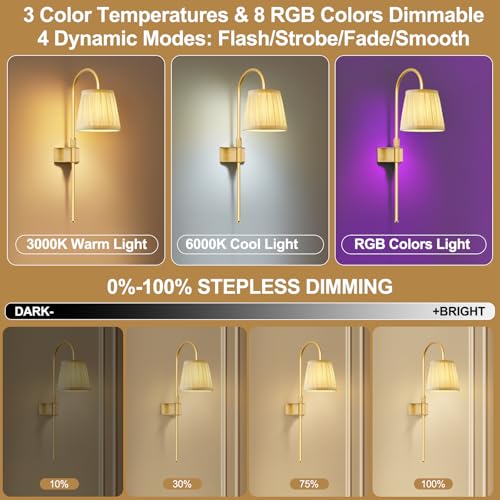 Image of ZECOXOL Vintage Battery Operated Wall Sconces Set of 2, Gold Rechargeable Wireless Wall Lamp Lights with Fabric Lampshade & LED Remote Bulb,Dimmable Flower Wall Sconce for Bedroom Living Room Hallway