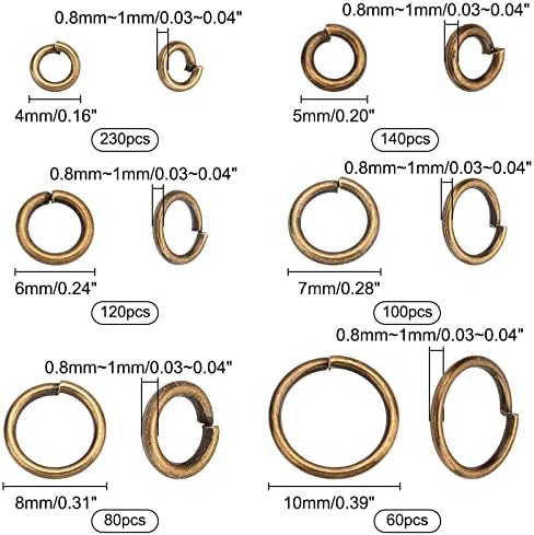 PandaHall Elite 730 pcs Brass Jump Rings, 4 5 6 7 8 10mm Close but Unsoldered Jump Ring for Jewellery Making, Antique Bronze
