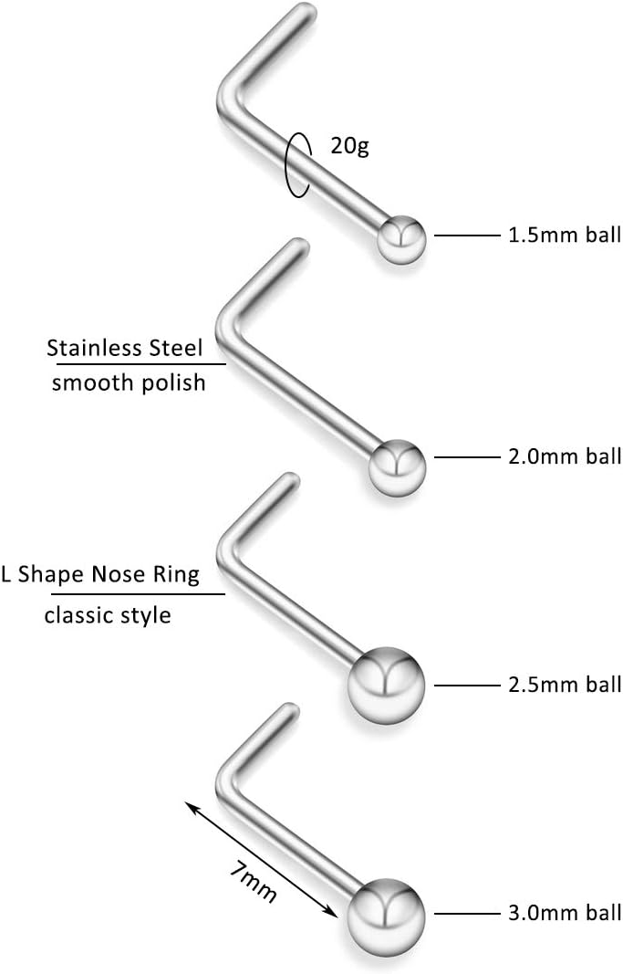 PiercingJ 40PCS 20G Stainless Steel Nose Stud Set Nose Rings L Shape 1.5mm 2mm 2.5mm 3mm Round Ball Bead Nose Retainer Body Piercing Jewelry for Women