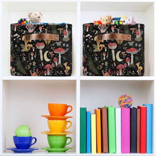 Image of Mushroom Gothic Witch Storage Basket Bin for Shelves Closet Fern Leaves Foldable Fabric Storage Box Cube with Handles Kids Gifts Toy Clothes Shelf Basket Organizer for Bedroom Nursery Home Decorative