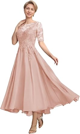 Mother of The Bride Dresses for Wedding Tea Length Lace Chiffon 3/4 Sleeves Formal Evening Gowns