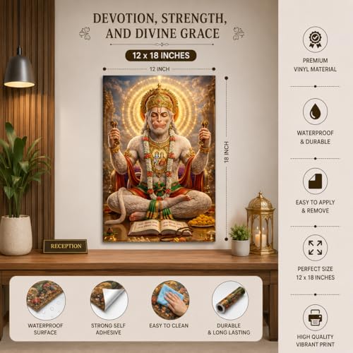 Image of Rangoli Lord Hanuman Ji Self Adhesive Poster 12x18 Inch | Bajrangbali Hindu God Wall Sticker Poster for Home Temple Pooja Room Living Room Bedroom Decor | Spiritual Devotional Wall Art