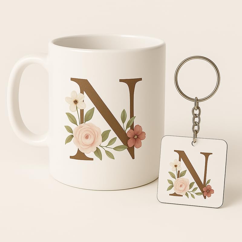 Image of Choicecases Letter N Mug and Keychain Set - Elegant Floral Monogram Gift for Her /Him - Coffee Cup and Key Ring with Initial N - Coffee Mug for Everyone Any Occasion 4646 14