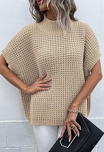 Viottiset Womens Oversized Short Batwing Sleeve Mock Neck Sweater Vest Fall Sleeveless Pullover Knit Sweaters2