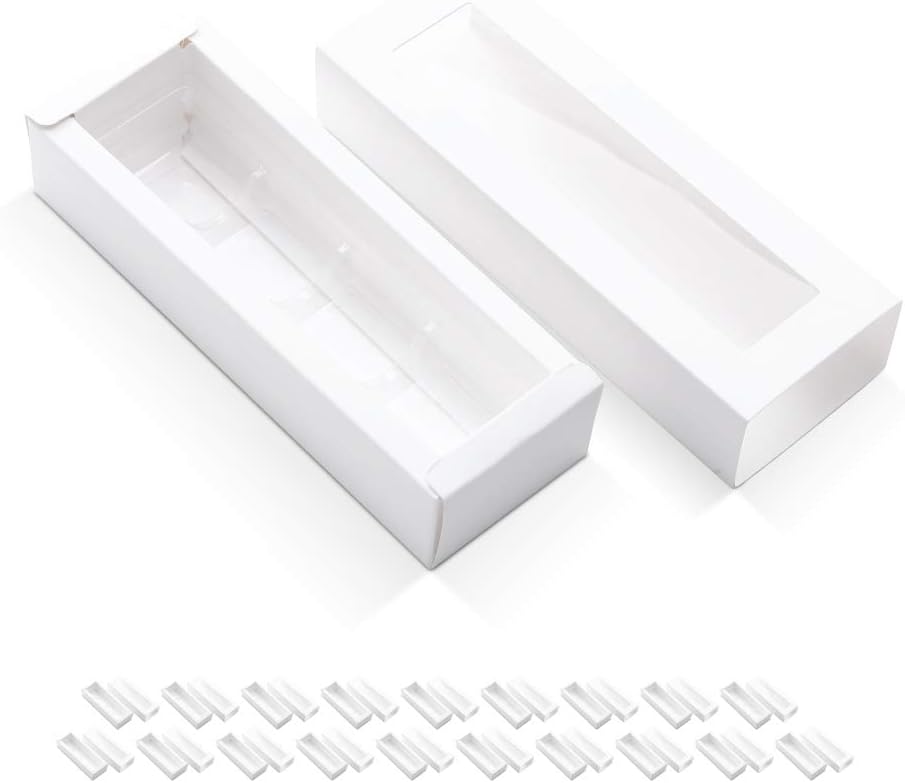 20 Truffle Boxes, Chocolate Boxes, White Candy Boxes with 4-Piece Plastics Tray (Tray Size with 5.75x1.25 Inches), Pull Out Packing with Clear Window Sleeves, White