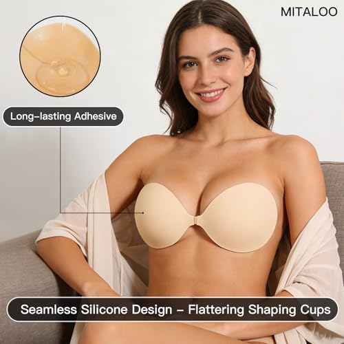 Image of MITALOO Adhesive Bra Invisible Sticky Strapless Push up Backless Reusable Silicone Covering Nipple Bras Warm Beige