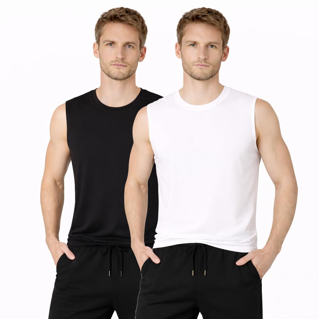 Men Cotton Gym Vest Breathable Sleeveless Sando Lightweight Workout Tank Top Comfortable Crew Neck Training Shirt Fitness Activewear for Gym Running Pack of 2-image-25