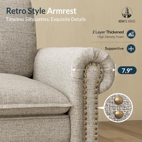 Image of HERA'S HOUSE Living Room Set - 4-Seat L-Shaped Sofa & Swivel Chair | Mid-Century Modern Cloud Couch & Accent Chair Set, Linen Light Grey Couch & Corduroy Beige Chair, Rolled Arms & Nailhead Trim