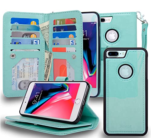 navor Magnetic Detachable Wallet Case [RFID Protection][10 Card Slots] [3 Money Pocket] Compatible for iPhone 8 Plus -5.5 Inch [JOOT-3L]- Mint (IP8P3LMN)
