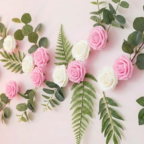 Image of 100Pcs Real Looking Pink and White Blend Artificial Rose Flower Heads, Foam Fake Roses for DIY Wedding Decorations Baby Shower Centerpieces Home Party Valentine's Day Mother's Day Decor