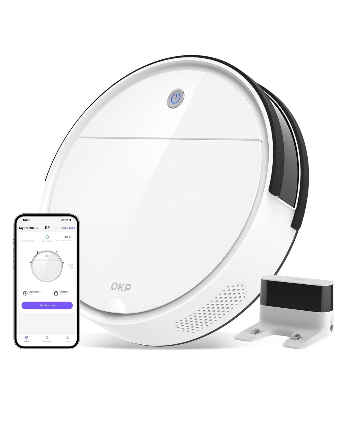 OKP Life Robot Vacuum Cleaner with 2500Pa Strong Suction, 120mins Runtime, Self-Charging, Compatible with Alexa/WiFi/App, 500ML Dustbin, Ideal for Pet Hair, Hard Floors, Low Pile Carpet