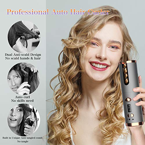Cordless Auto Hair Curler, Automatic Curling Iron with 6 Temperature & Timer, Rechargeable and Portable Curling Wand Magic Styling Tools, Fast Heating Ceramic Barrel for Travel, Home