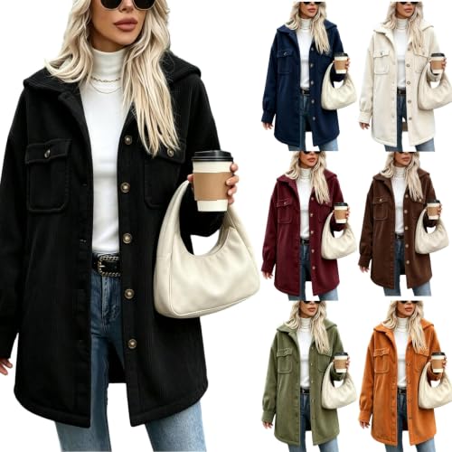 Womens Corduroy Jacket Shacket Button Down Shirts Long Sleeve Barn Coat - image 1