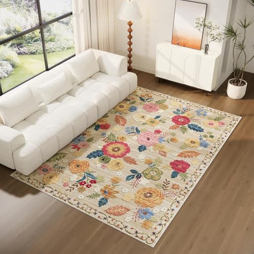 8x10 Area Rugs for Living Room: Washable Rug Stain Resistant Distressed Vintage Floral Rug Non Slip Low Pile Faux Wool Soft Large Area Rugs for Bedroom Bedside Farmhouse Dining Room Kids Nursery