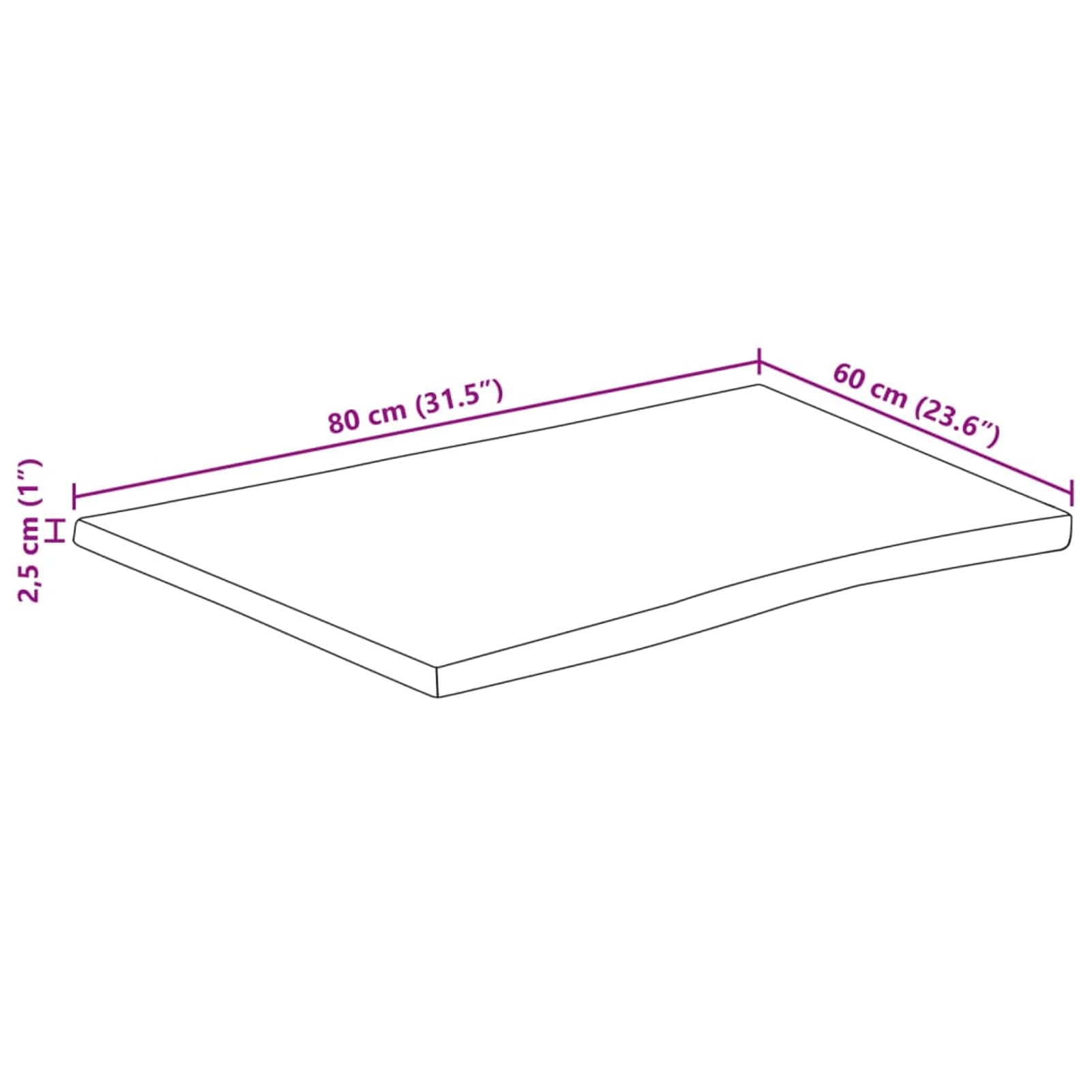 Piano Tavolo, Sostitutivo con Bordi Vivi 80x60x2,5 cm in Legno Massello di Mango Grezzo per Rinnovo Tavolo Casa e Ufficio