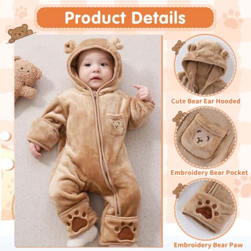 Image of Fairy Baby Newborn Baby Bear Outfit With Fold-Over Mittens Footies Thin Fleece Romper Hooded Jumpsuit Winter Coat Girls Boys