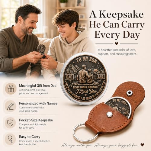 Personalized To My Son Pocket Hug Coin from Dad, Custom Keychain with Leather Pocket, Father to Son Keepsake Gifts - Image 4